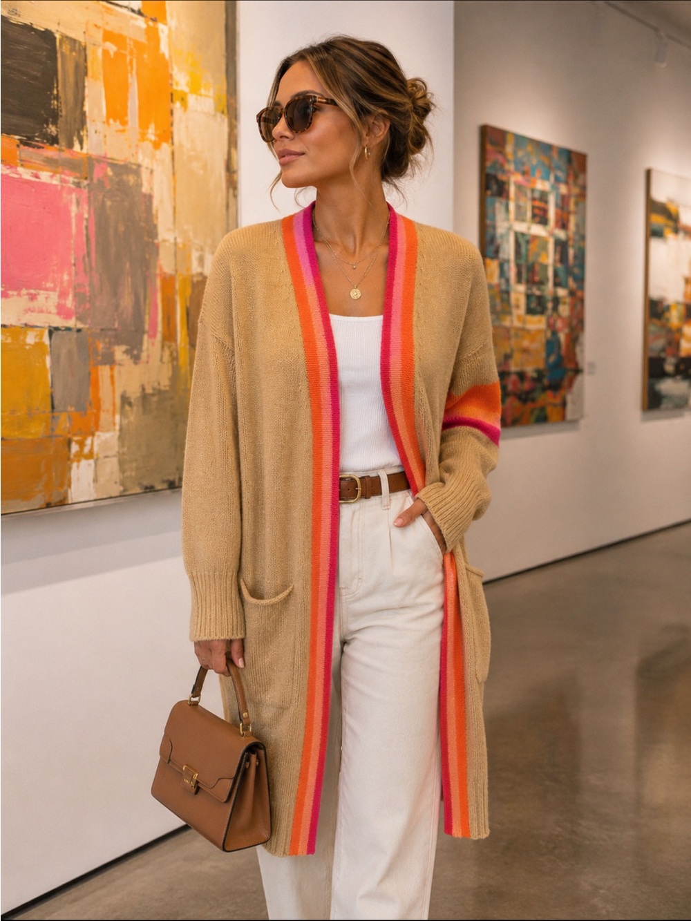 NWT Katia Giannini Cashmere Blend Long Open-Front Tan Cardigan.  Women’s size S.